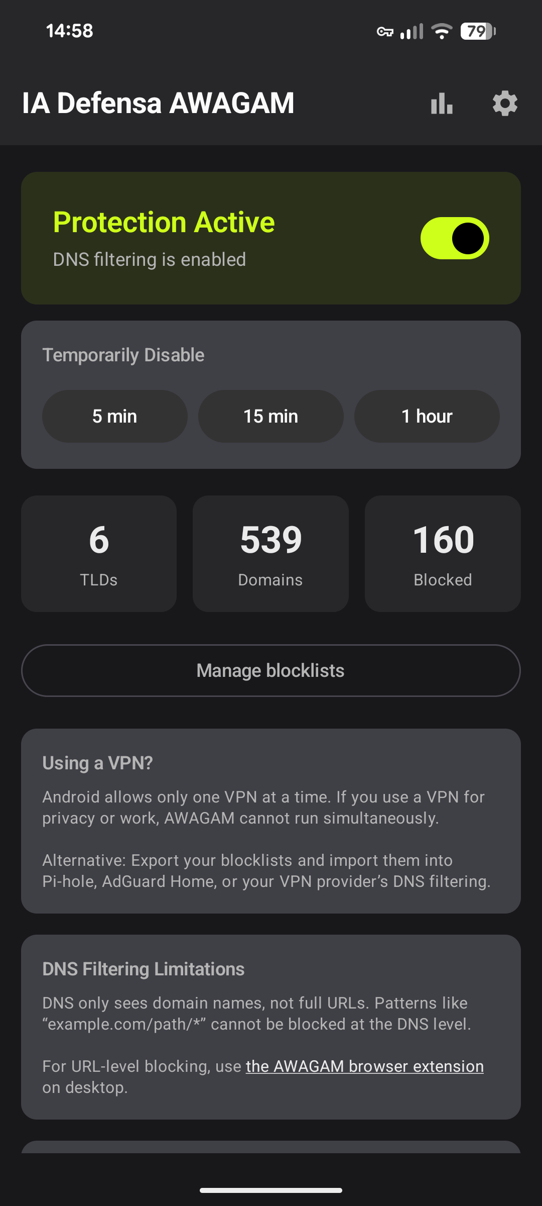 AWAGAM app home screen with protection active, blocklist counts, and VPN and DNS filtering notes.