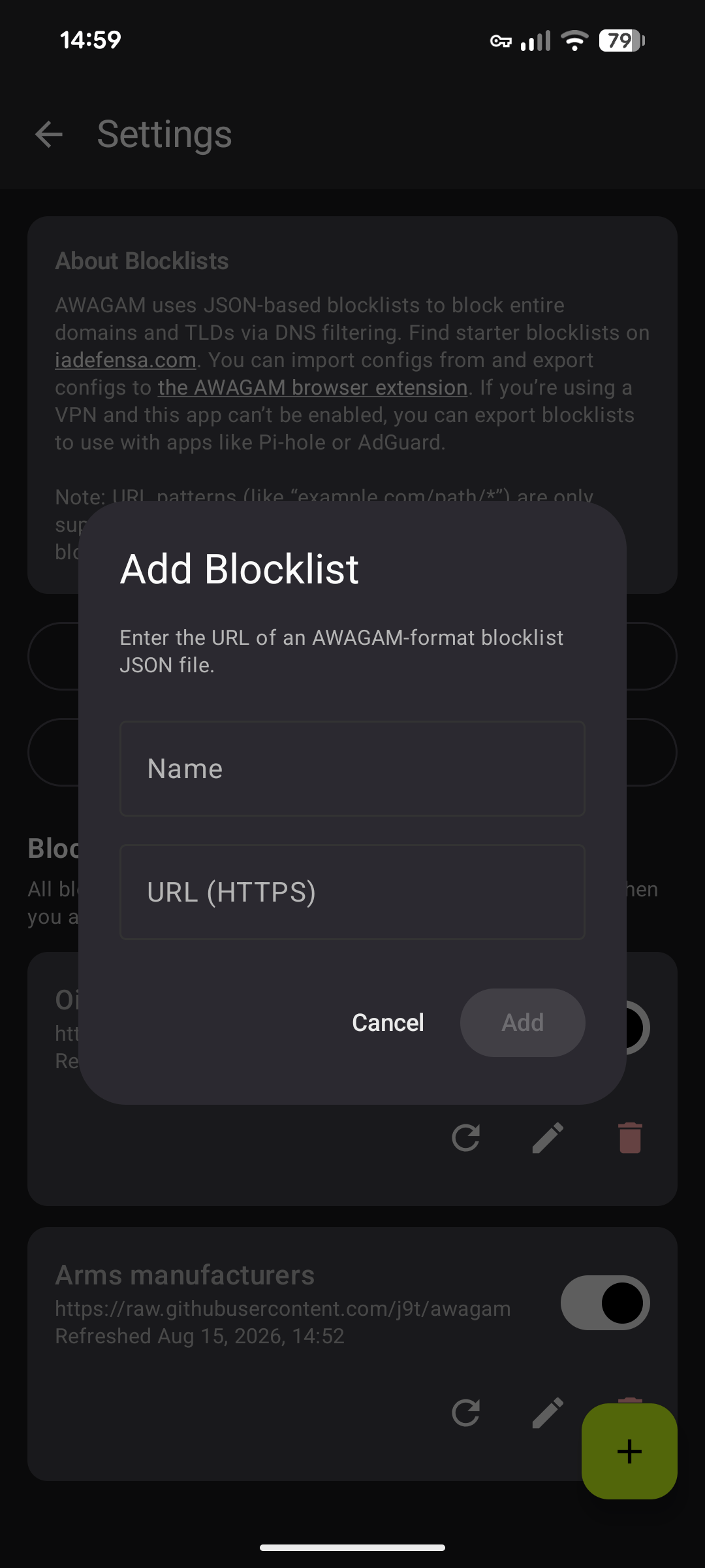AWAGAM app dialog to add a blocklist.