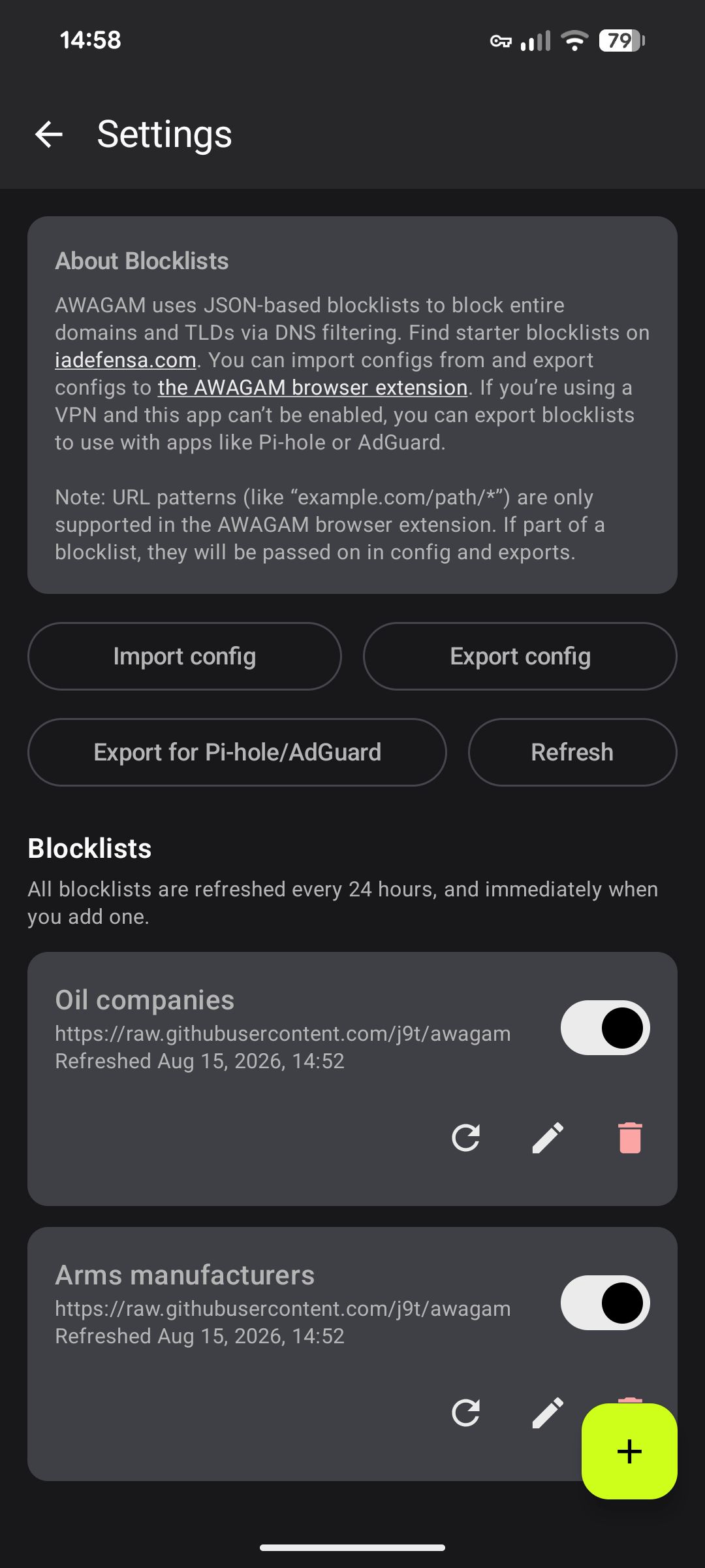 AWAGAM app settings with import and export options and blocklists overview.
