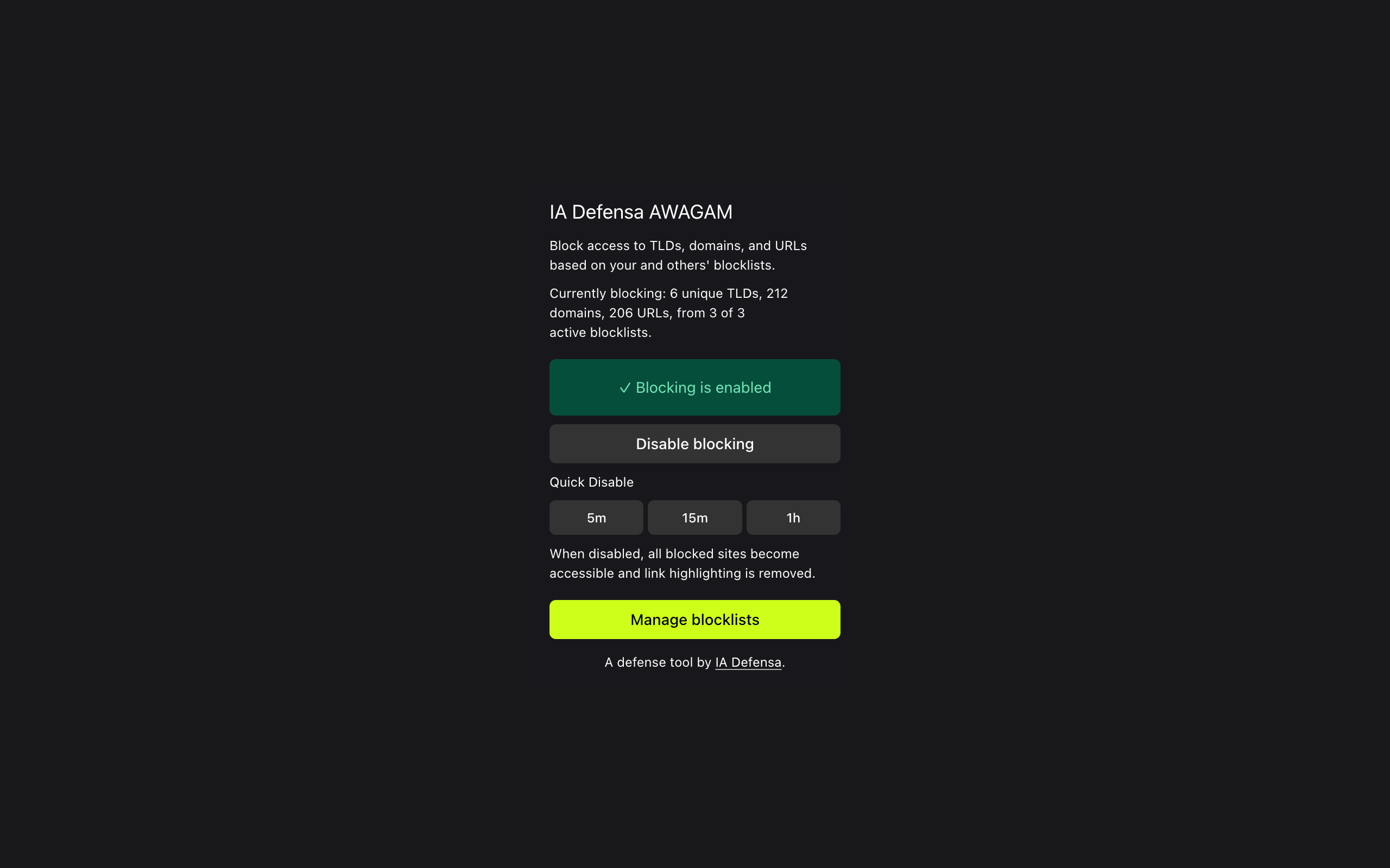 AWAGAM extension popup with quick stats and options.