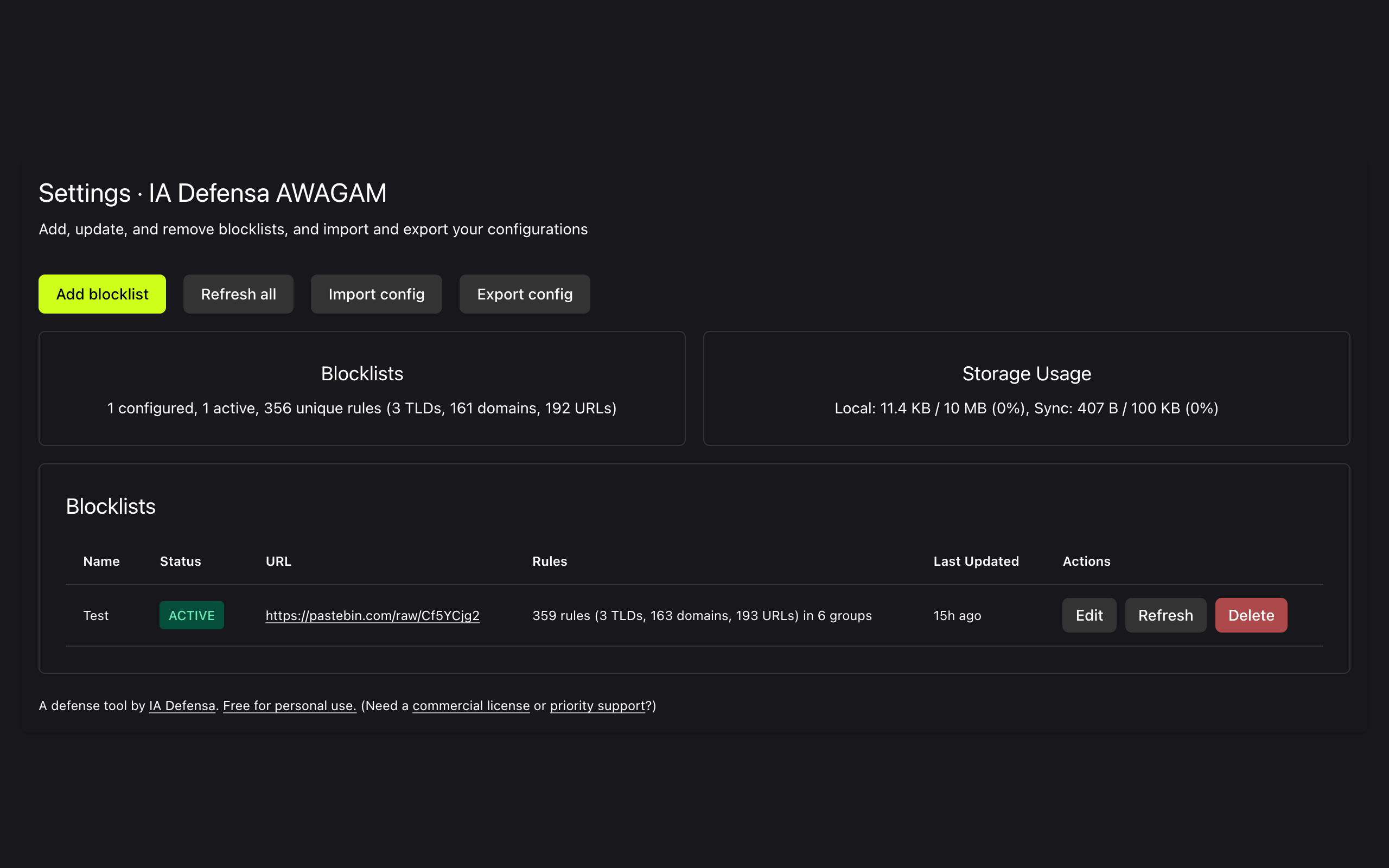 AWAGAM settings page with blocklists overview and storage information.