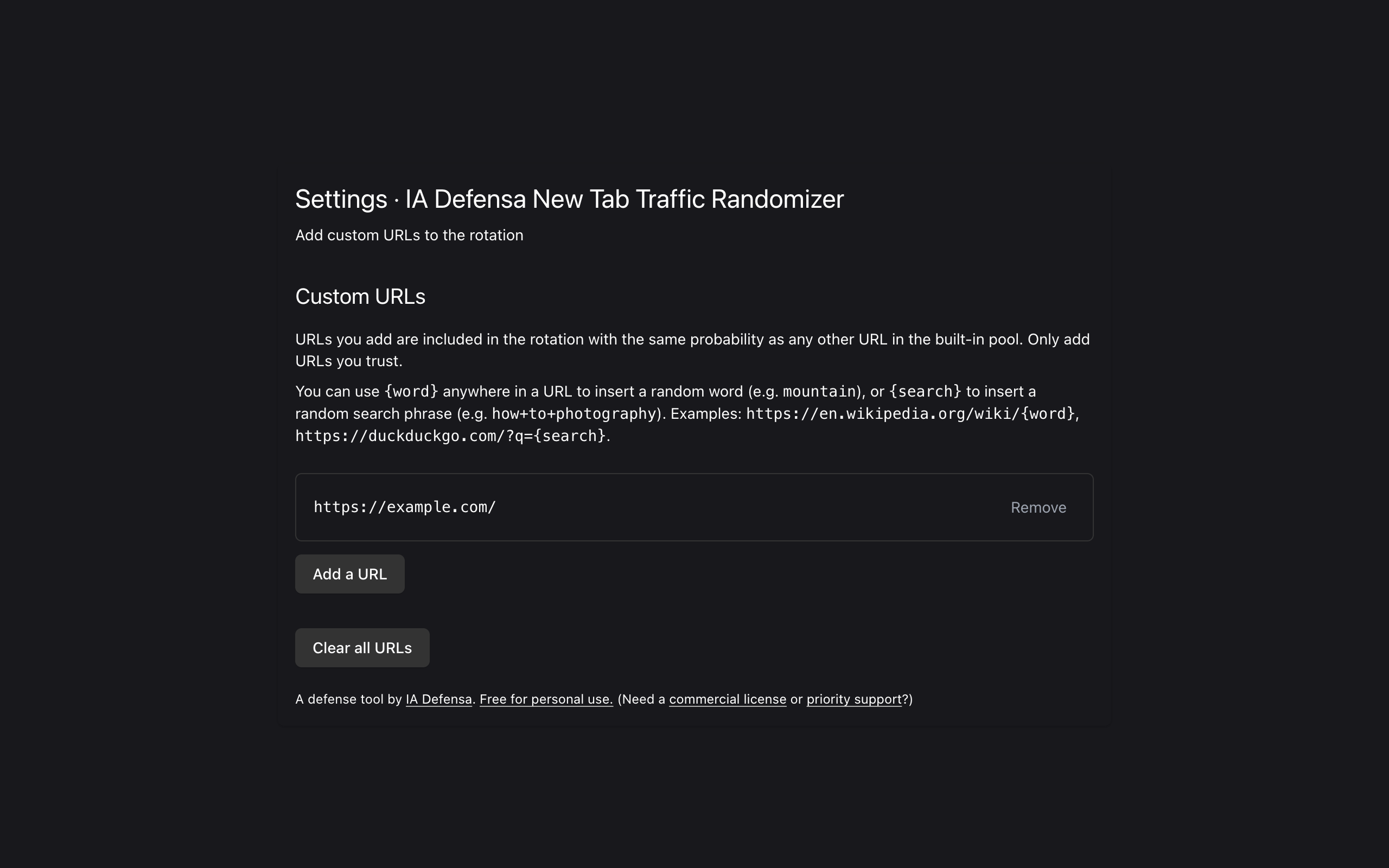 New Tab Traffic Randomizer settings page to manage custom URLs.