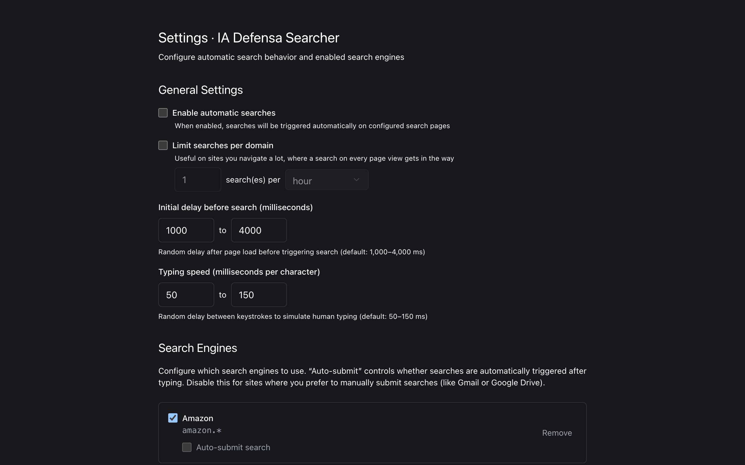Searcher settings page to configure and add searches to be triggered.